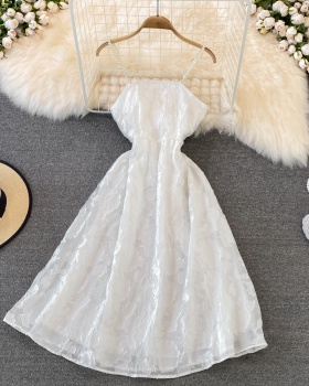Slim white jacquard halter summer high waist dress