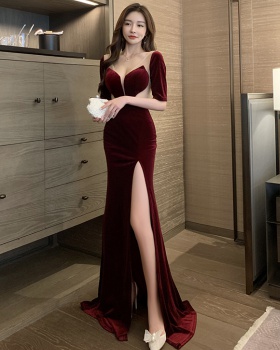 Temperament sexy banquet dress velvet low-cut long dress for women