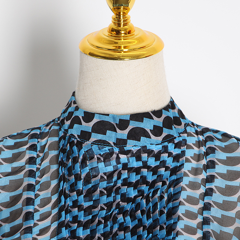 Long sleeve pattern cstand collar catwalk chiffon dress