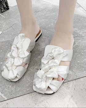 Square head bow flat Korean style summer slippers for women