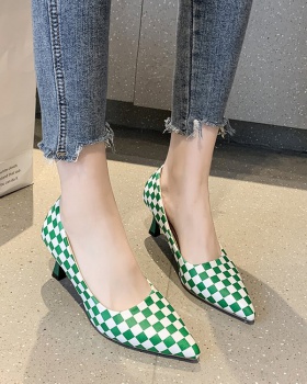 Low spring shoes pointed plaid high-heeled shoes