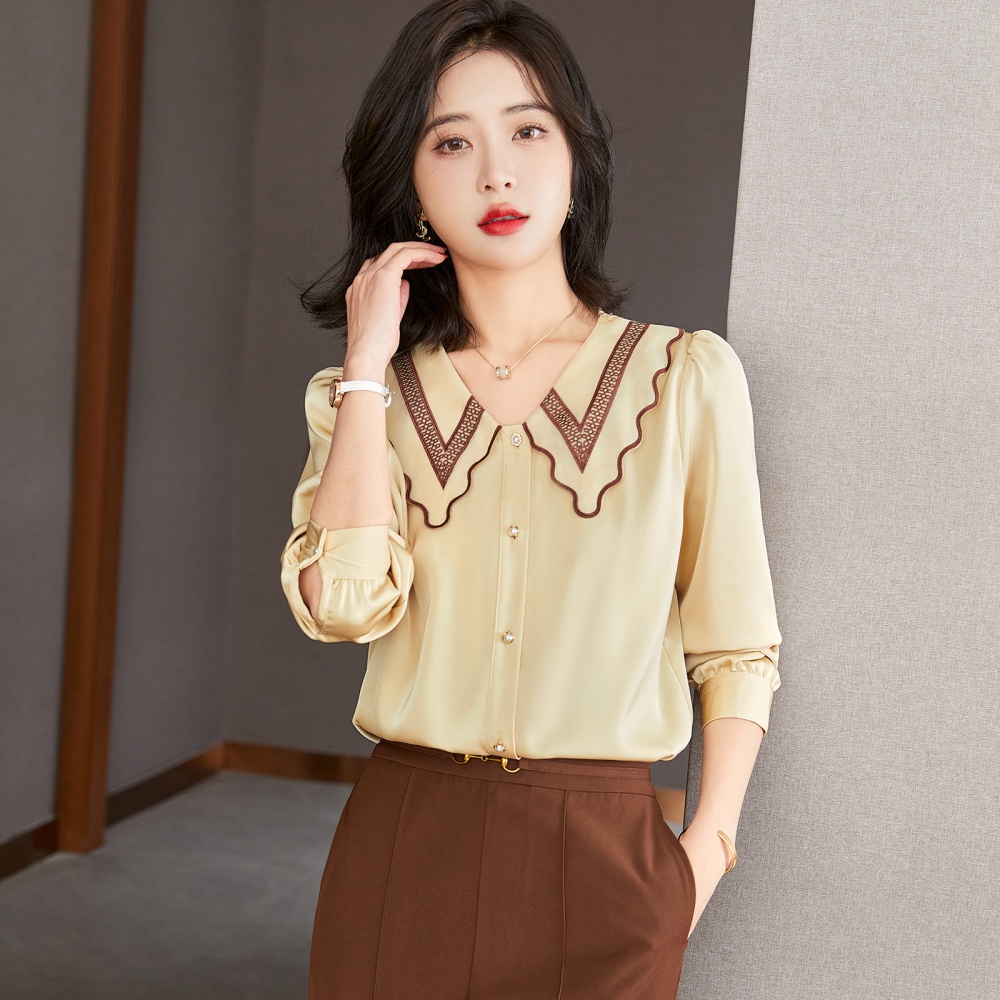 Embroidery spring small shirt long sleeve satin tops for women