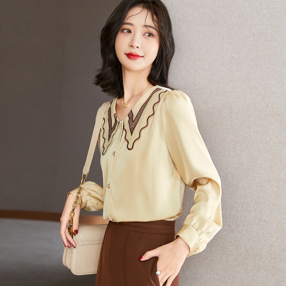 Embroidery spring small shirt long sleeve satin tops for women