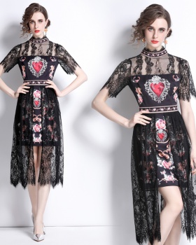 Printing heart lace splice cstand collar dress