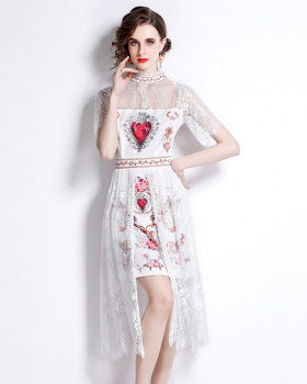 Cstand collar printing heart splice lace summer dress