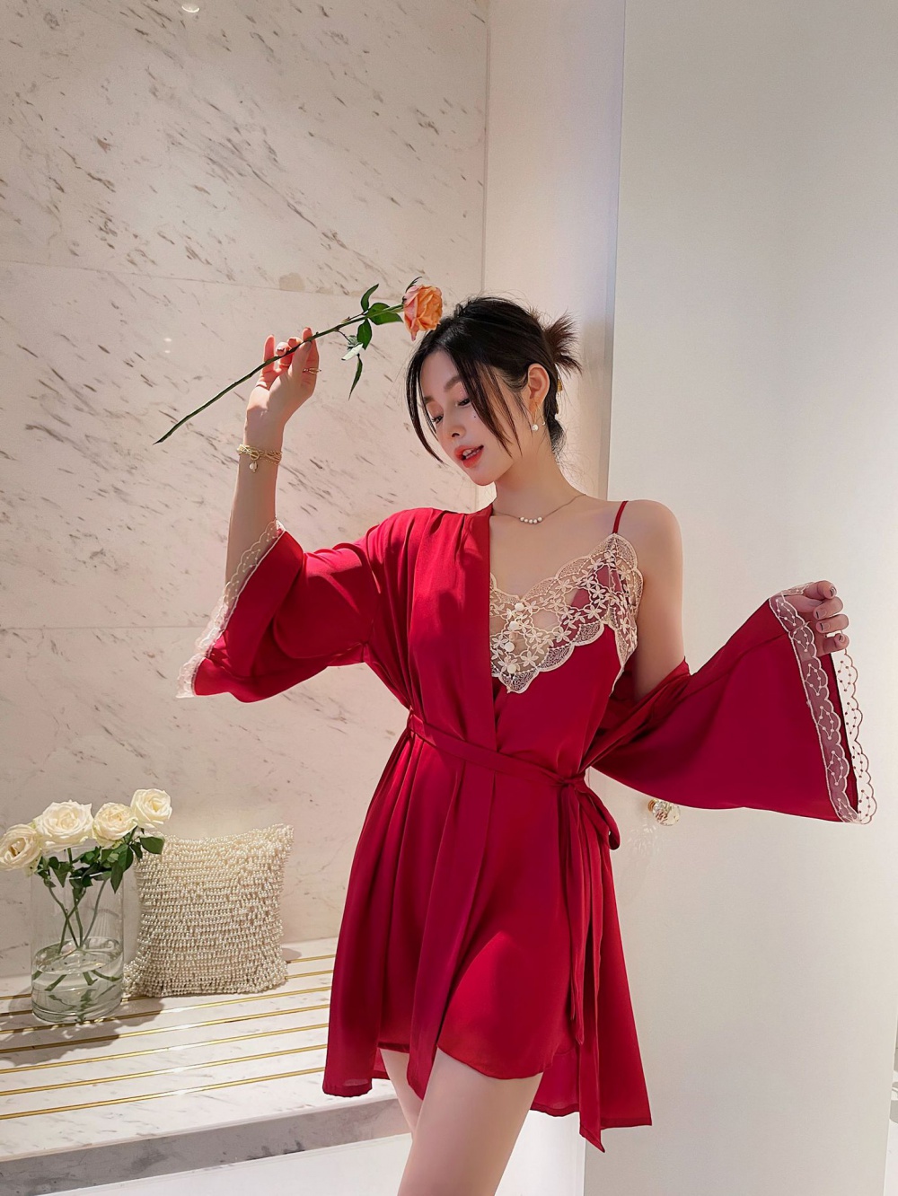 Ice silk nightgown pajamas 2pcs set for women