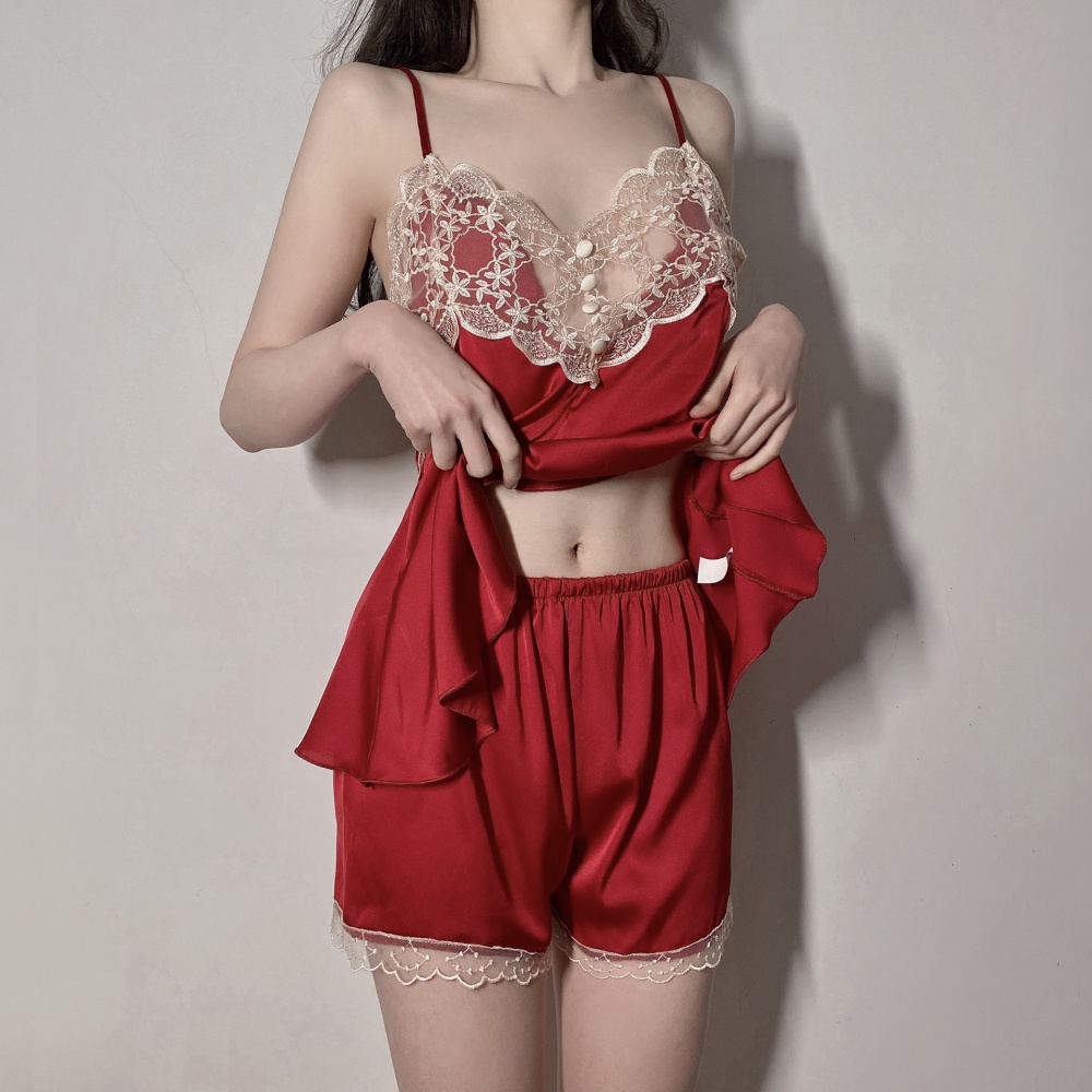 Sexy embroidery pajamas sling shorts 2pcs set for women