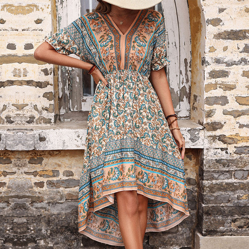 Slim vacation printing long dress summer retro dress