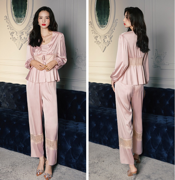 Long sleeve satin pajamas 3pcs set for women