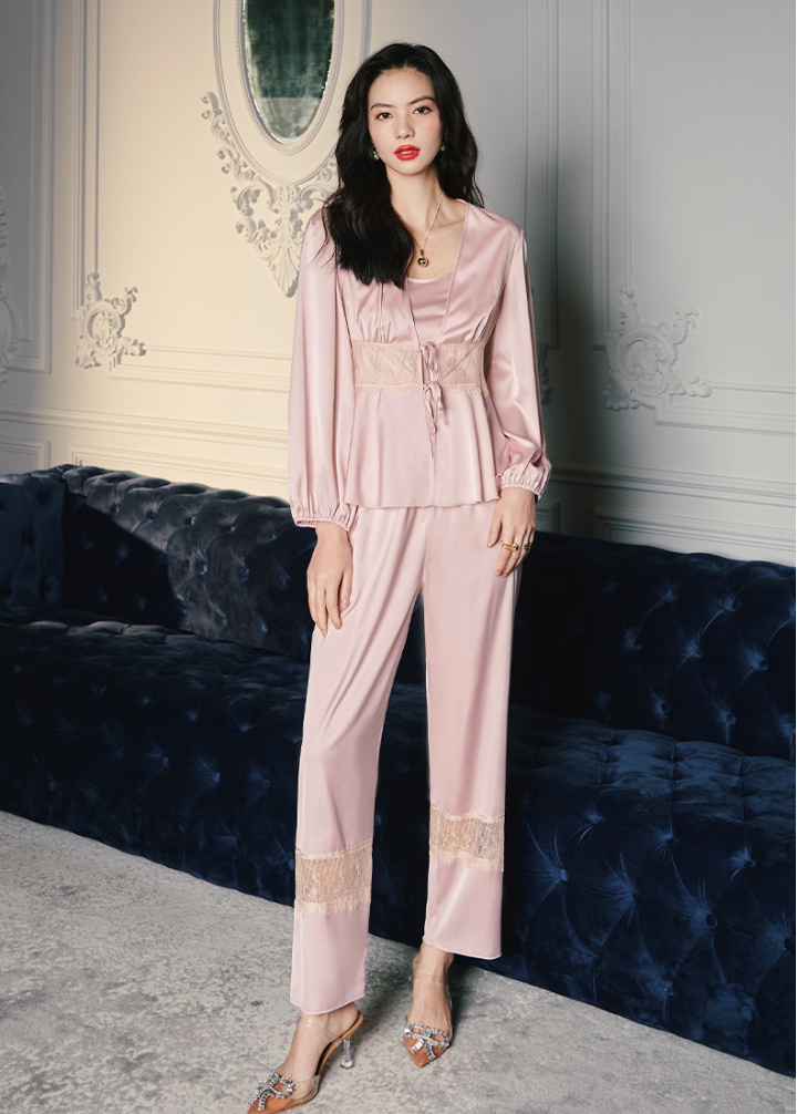 Long sleeve satin pajamas 3pcs set for women