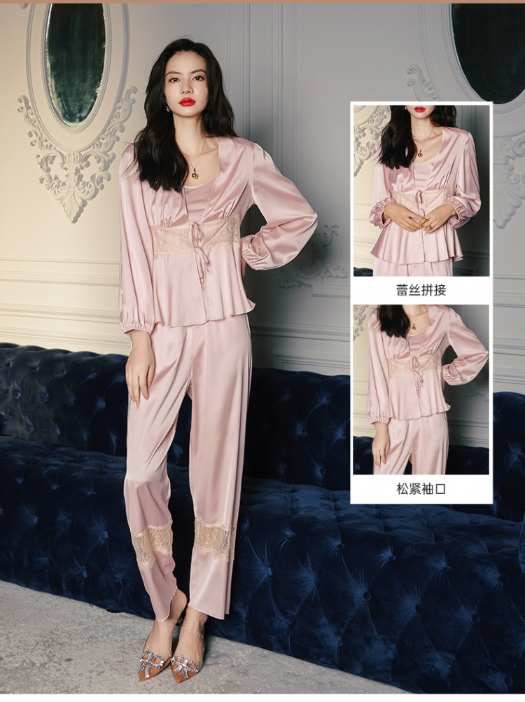 Long sleeve satin pajamas 3pcs set for women