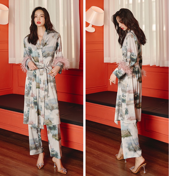 Spring and summer satin long sleeve pajamas 3pcs set for women