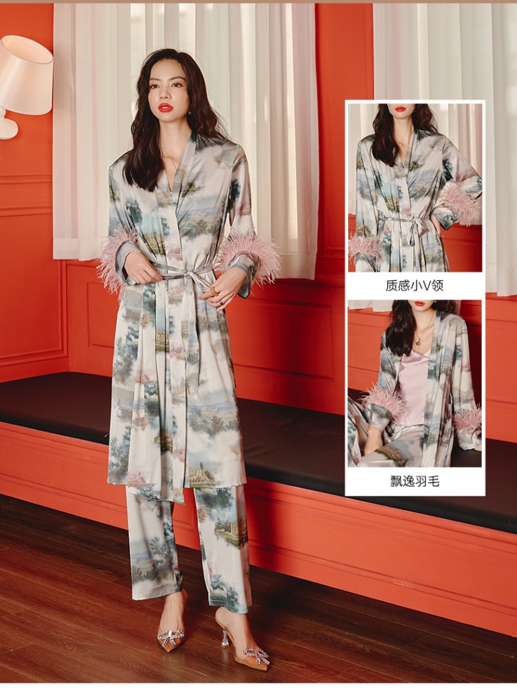 Spring and summer satin long sleeve pajamas 3pcs set for women