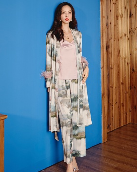 Spring and summer satin long sleeve pajamas 3pcs set for women