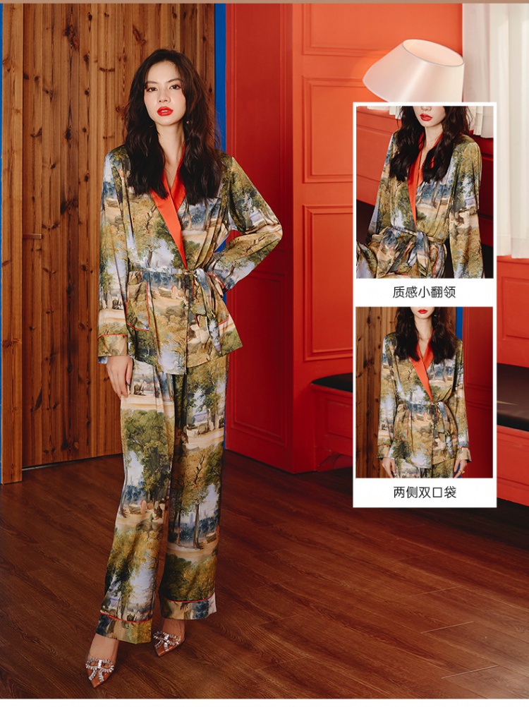 Sling ice silk spring and summer satin pajamas 2pcs set