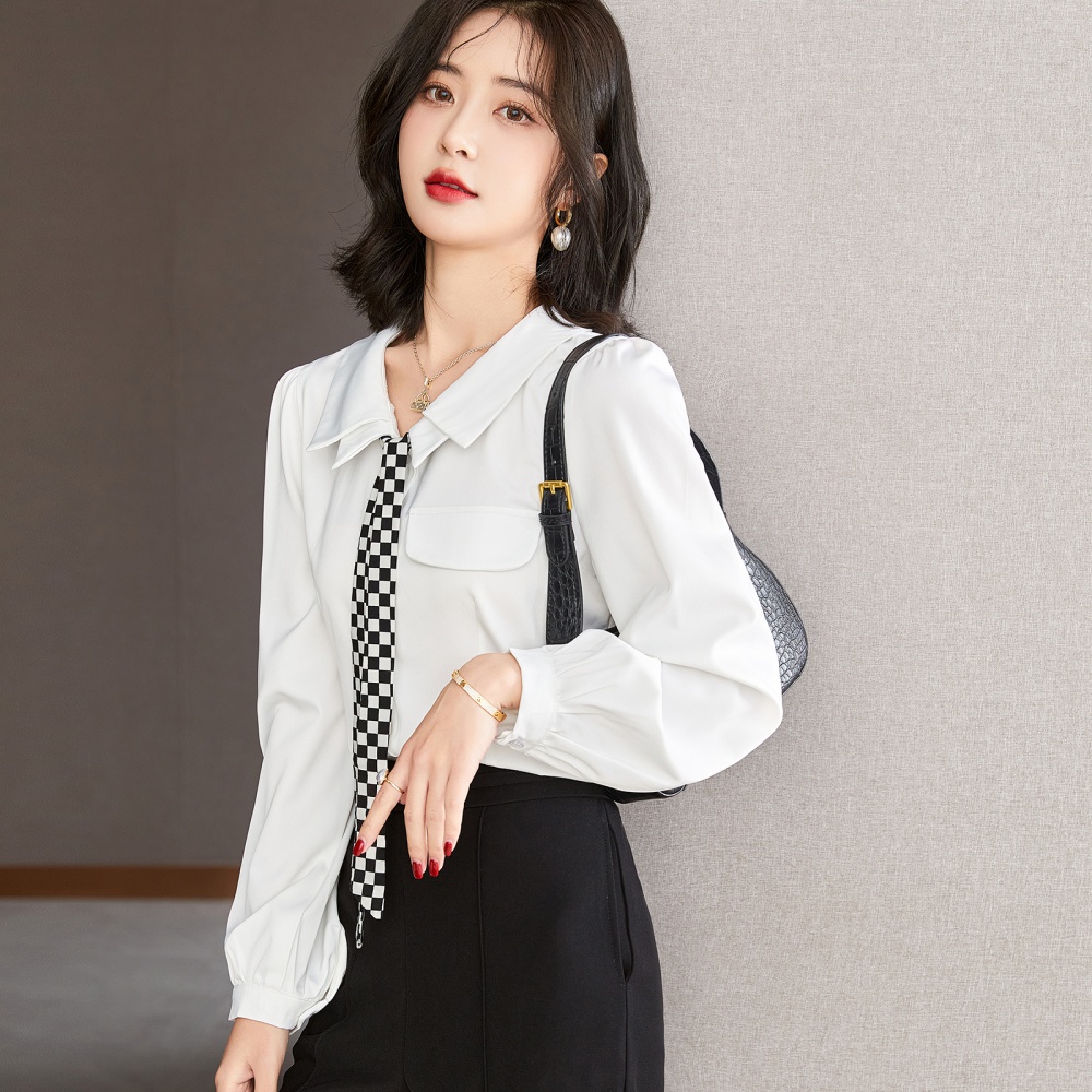 Spring commuting shirt chessboard white tops for women