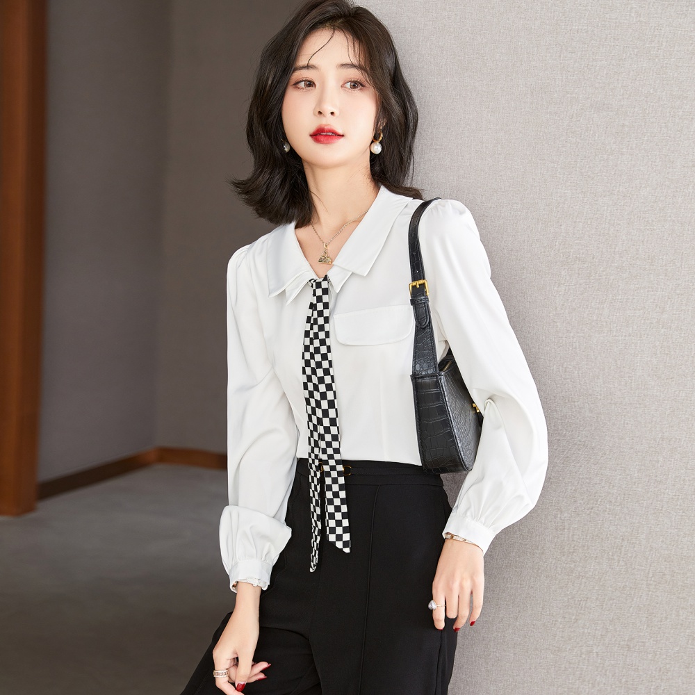 Spring commuting shirt chessboard white tops for women