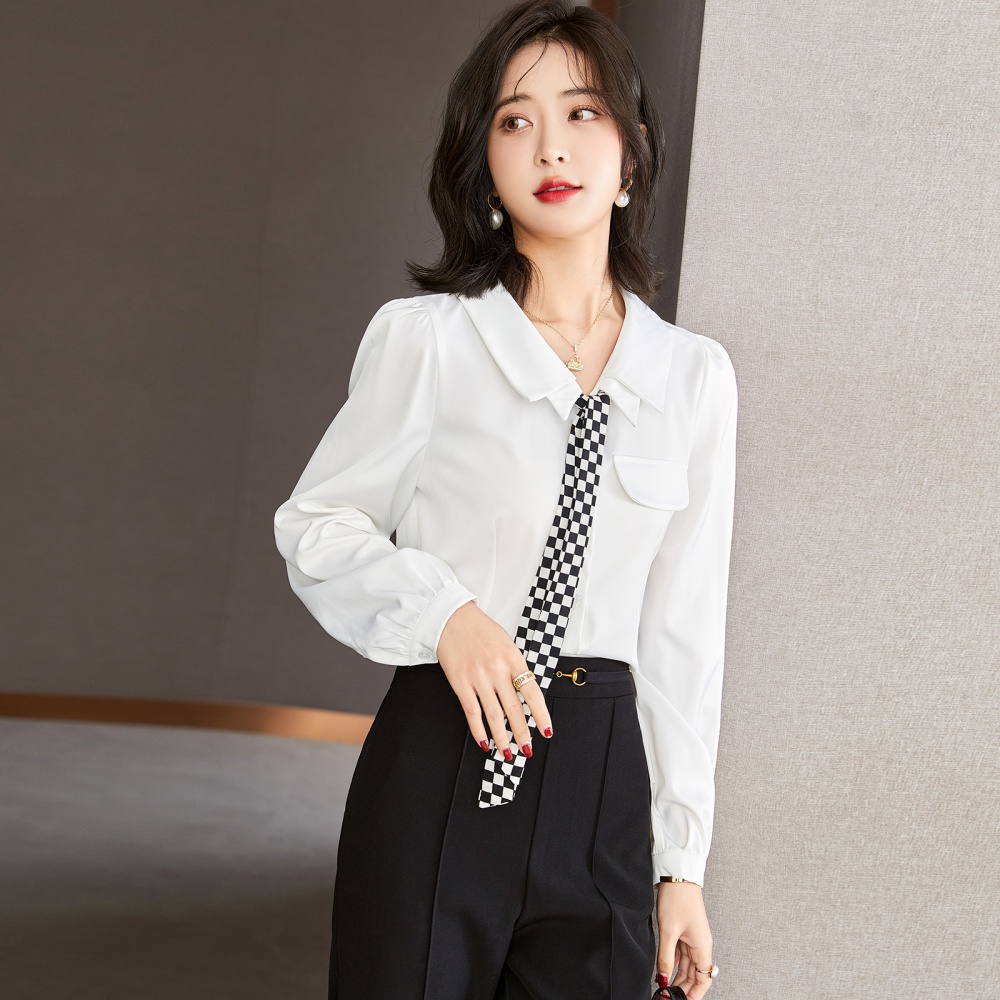 Spring commuting shirt chessboard white tops for women