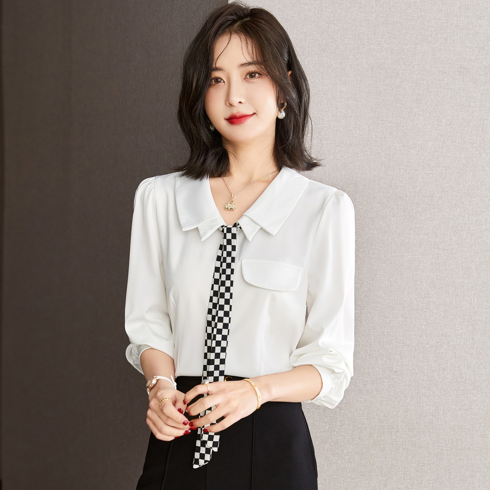 Spring commuting shirt chessboard white tops for women