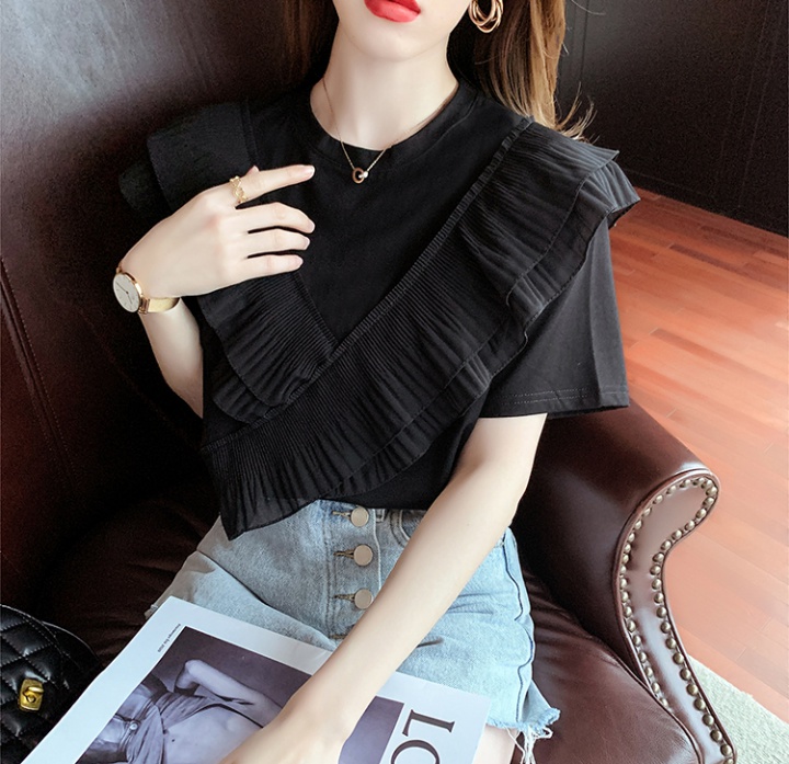 Lace fashion round neck tops short sleeve all-match T-shirt