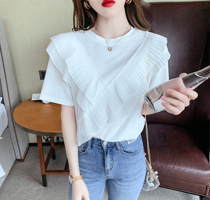 Lace fashion round neck tops short sleeve all-match T-shirt