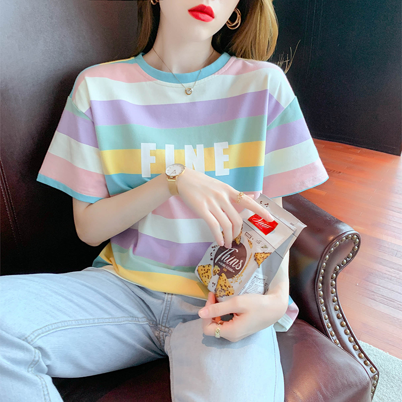 Colors-bar pattern short sleeve T-shirt round neck tops