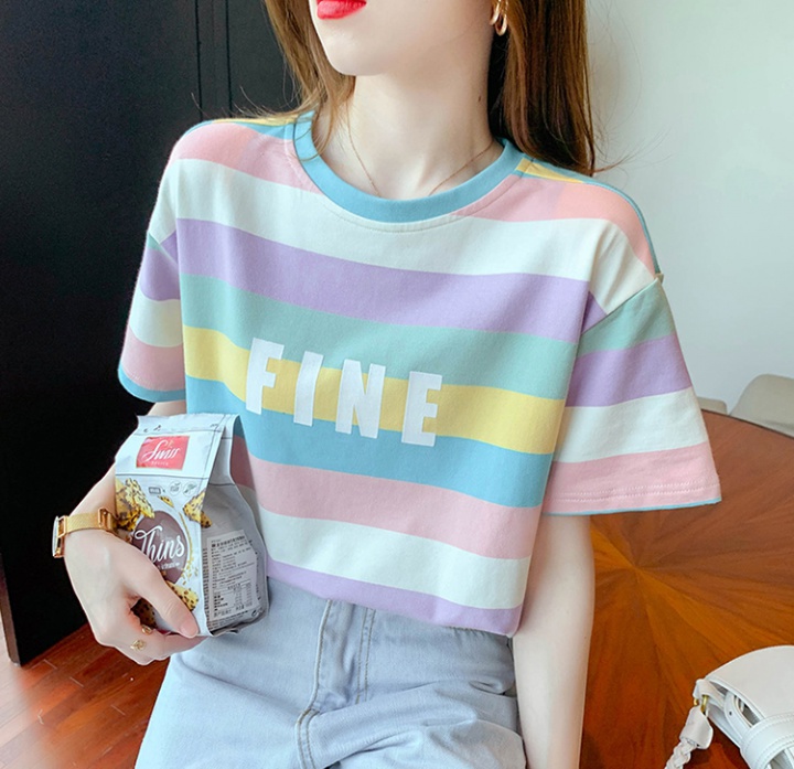 Colors-bar pattern short sleeve T-shirt round neck tops
