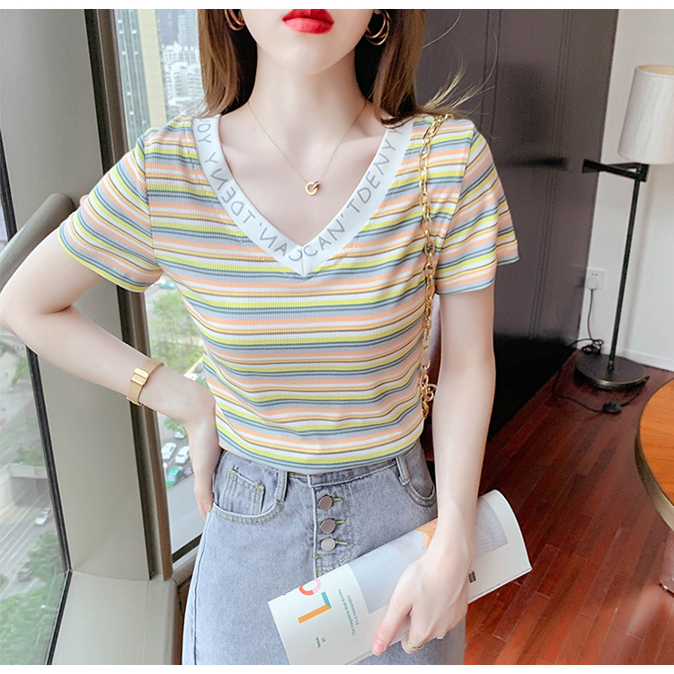 Short mixed colors tops stripe short sleeve T-shirt for women