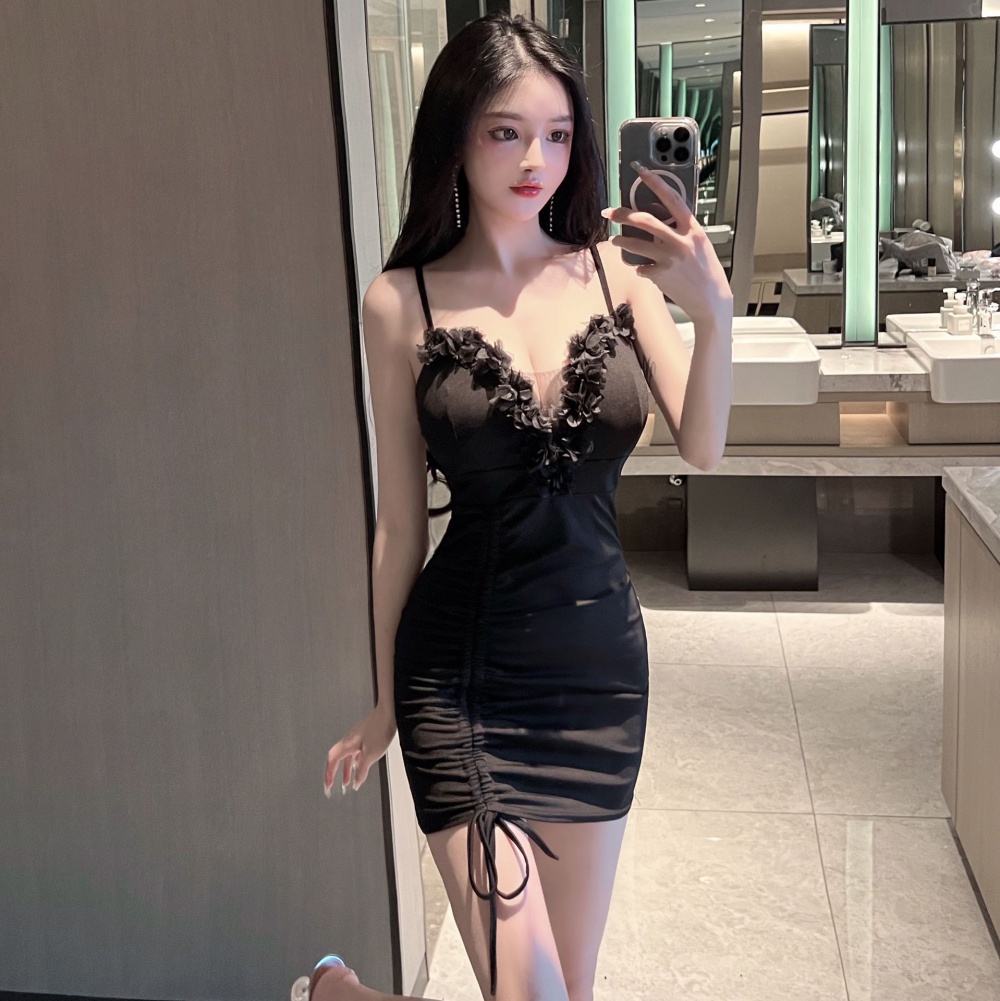 Drawstring flowers package hip gauze sexy dress