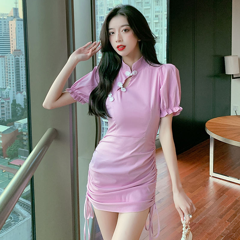 Drawstring short sleeve dress summer cheongsam for women