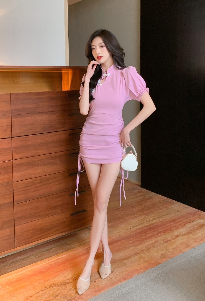 Drawstring short sleeve dress summer cheongsam for women