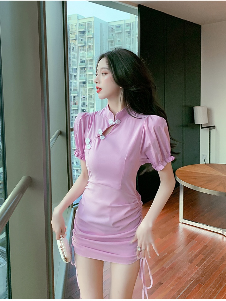 Drawstring short sleeve dress summer cheongsam for women