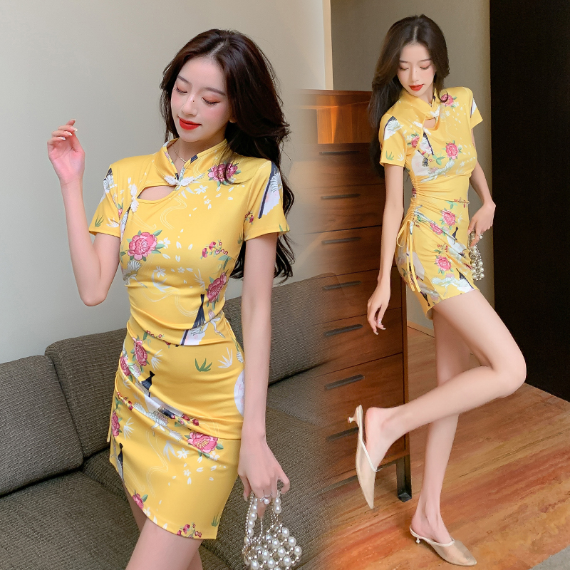 Short sleeve retro cheongsam flowers maiden dress