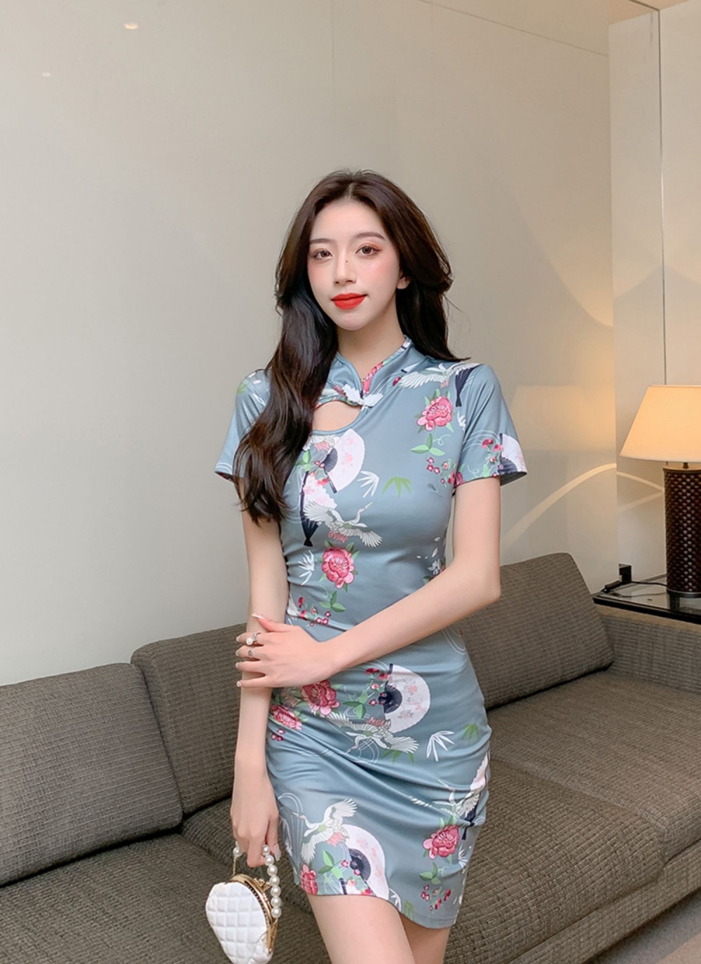 Short sleeve retro cheongsam flowers maiden dress