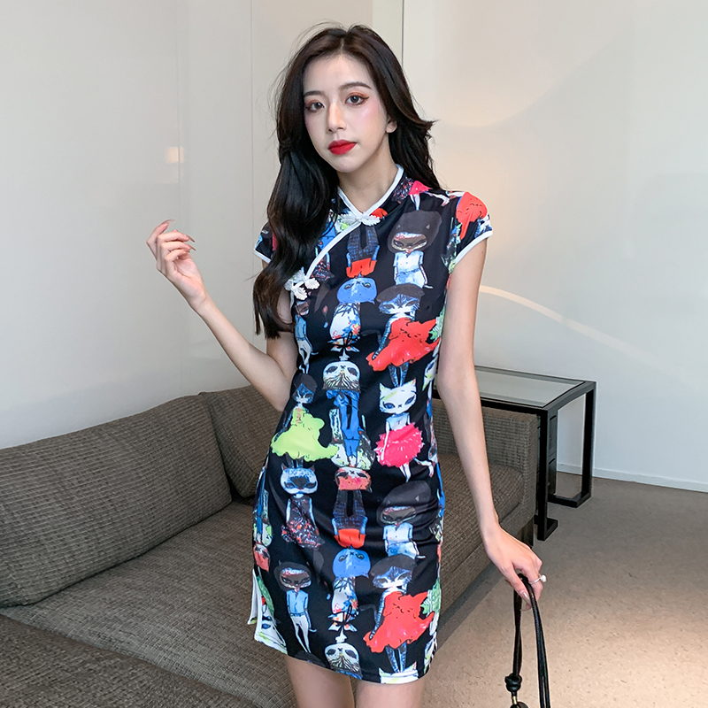 Retro short sleeve dress flowers cheongsam for women