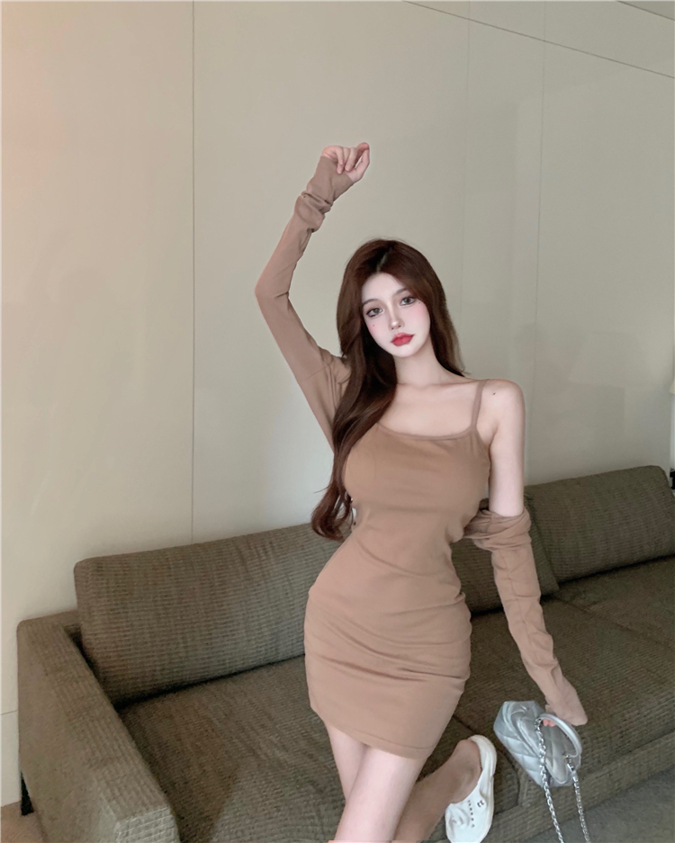 Long sleeve spicegirl strap dress fashion slim dress 2pcs set