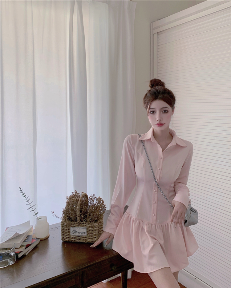 Pink Western style slim dress long sleeve spring T-back