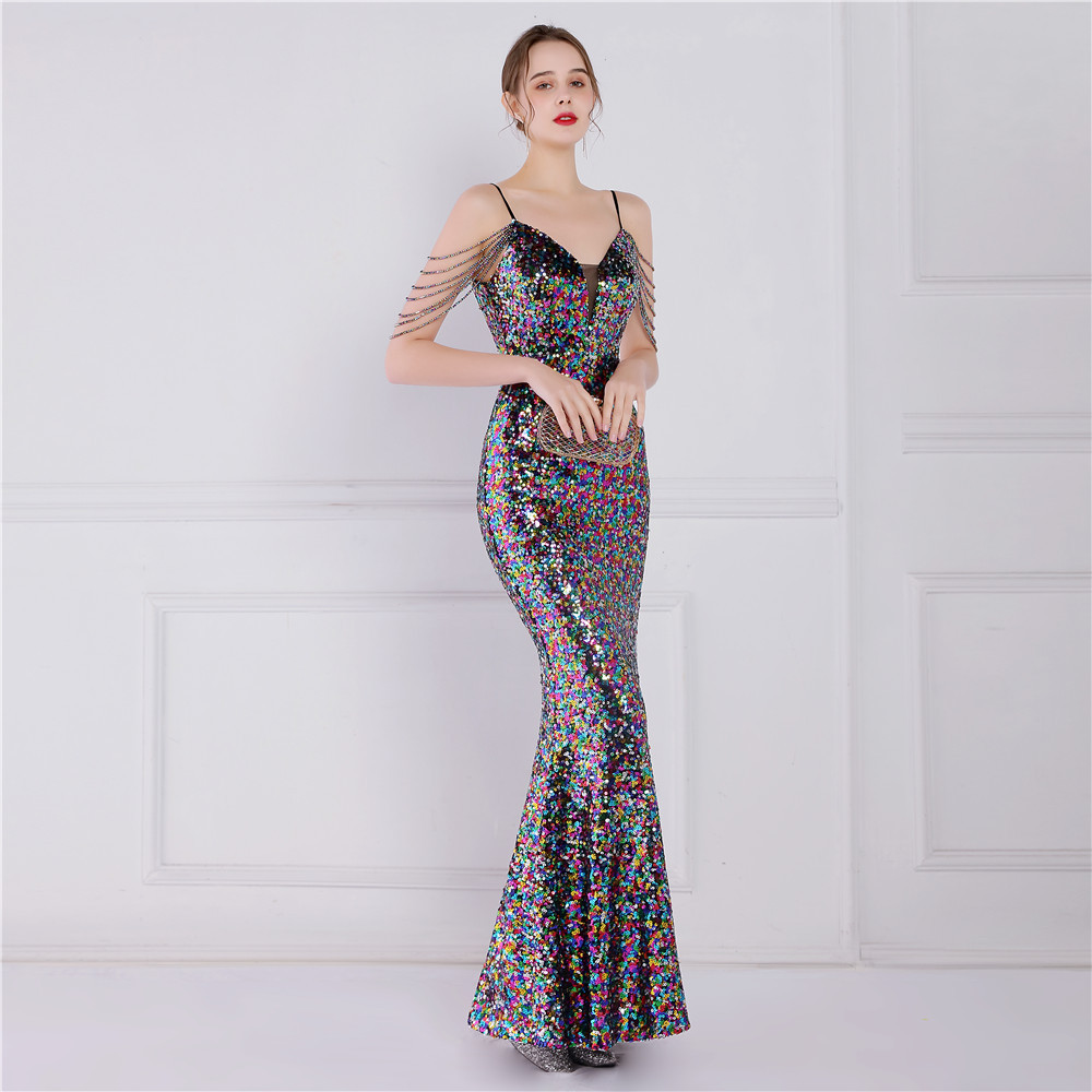 Banquet long sequins formal dress model show evening dress
