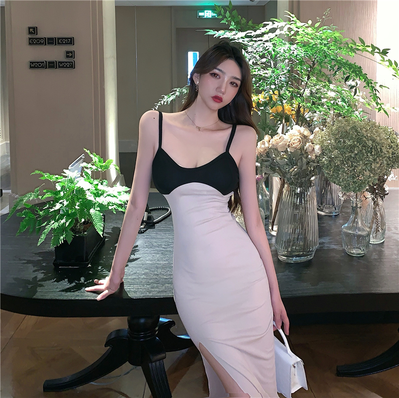 Halter split slim long dress European style sling dress