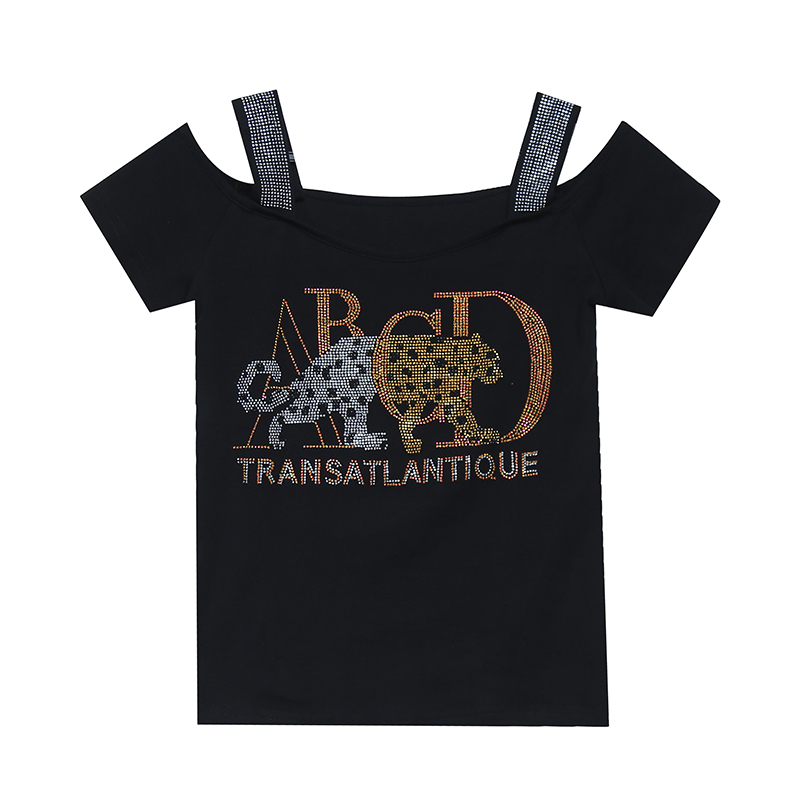 Rhinestone clavicle horizontal collar T-shirt for women