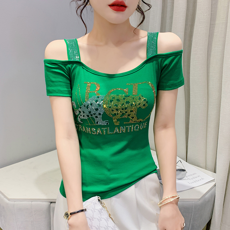 Rhinestone clavicle horizontal collar T-shirt for women