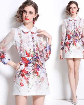 Rhinestone jacquard fashion shirt printing spring skirt a set
