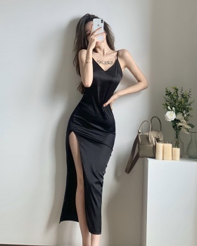 Sexy halter black long high split sling V-neck dress