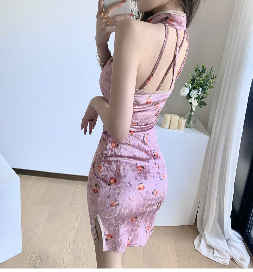 Velvet floral maiden cheongsam Chinese style summer dress