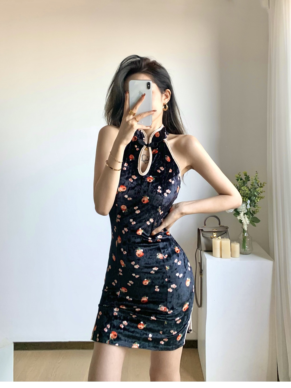 Velvet floral maiden cheongsam Chinese style summer dress