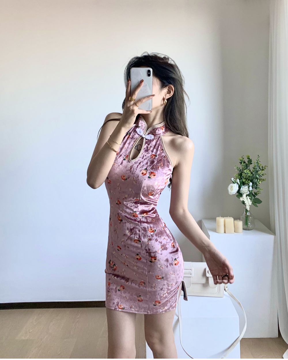 Velvet floral maiden cheongsam Chinese style summer dress