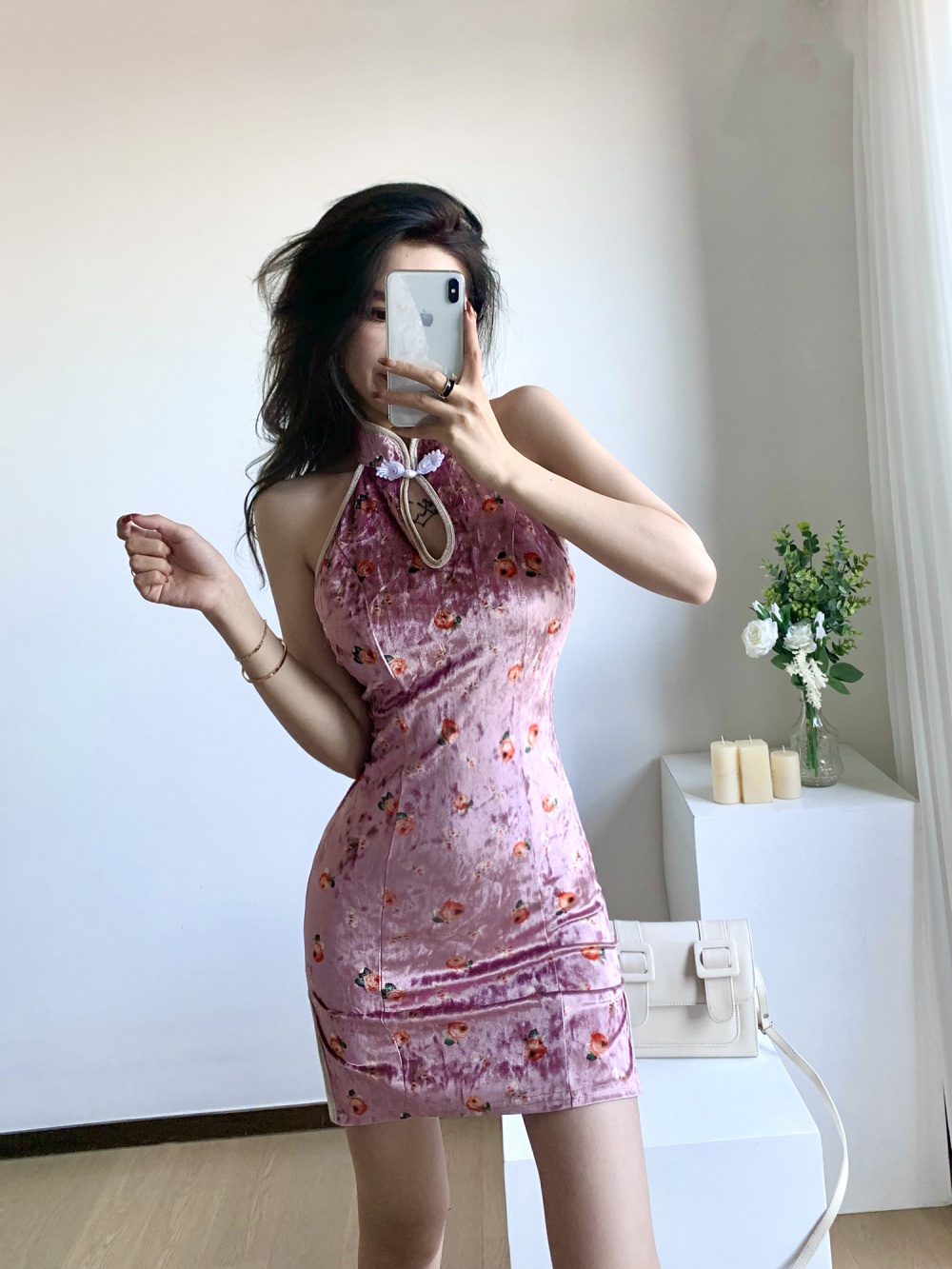 Velvet floral maiden cheongsam Chinese style summer dress