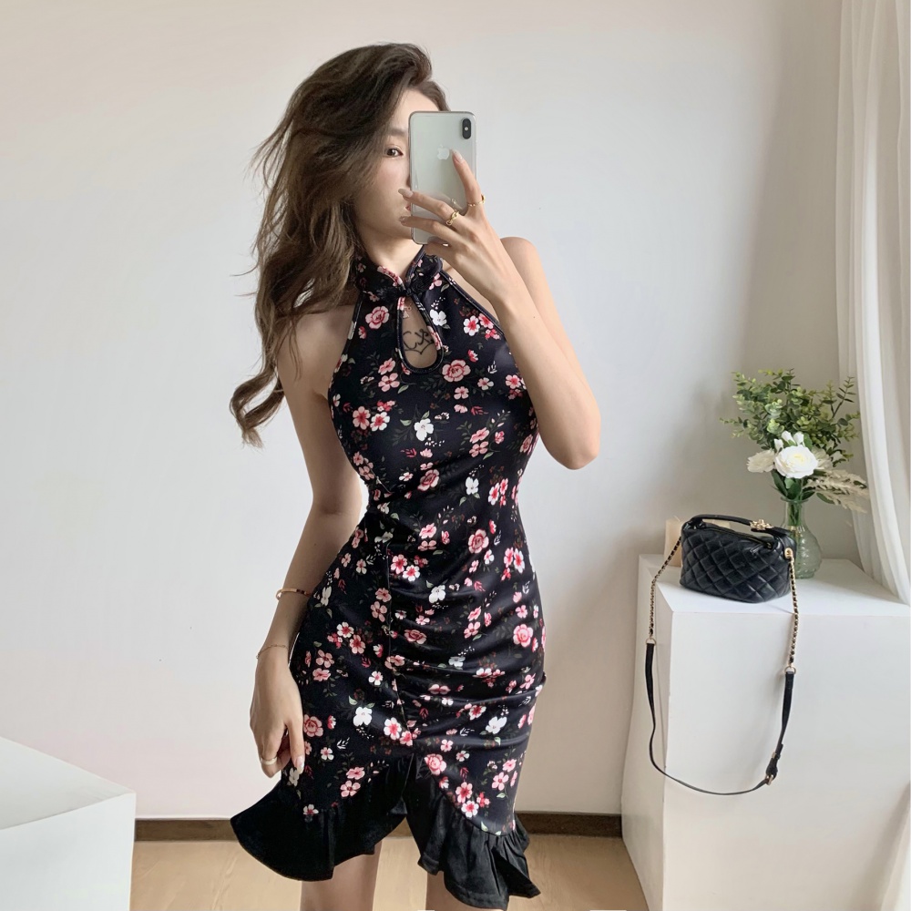 Summer elegant dress package hip printing cheongsam