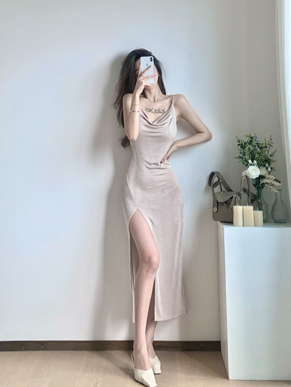 Seaside pure autumn halter split sexy sandy beach light dress