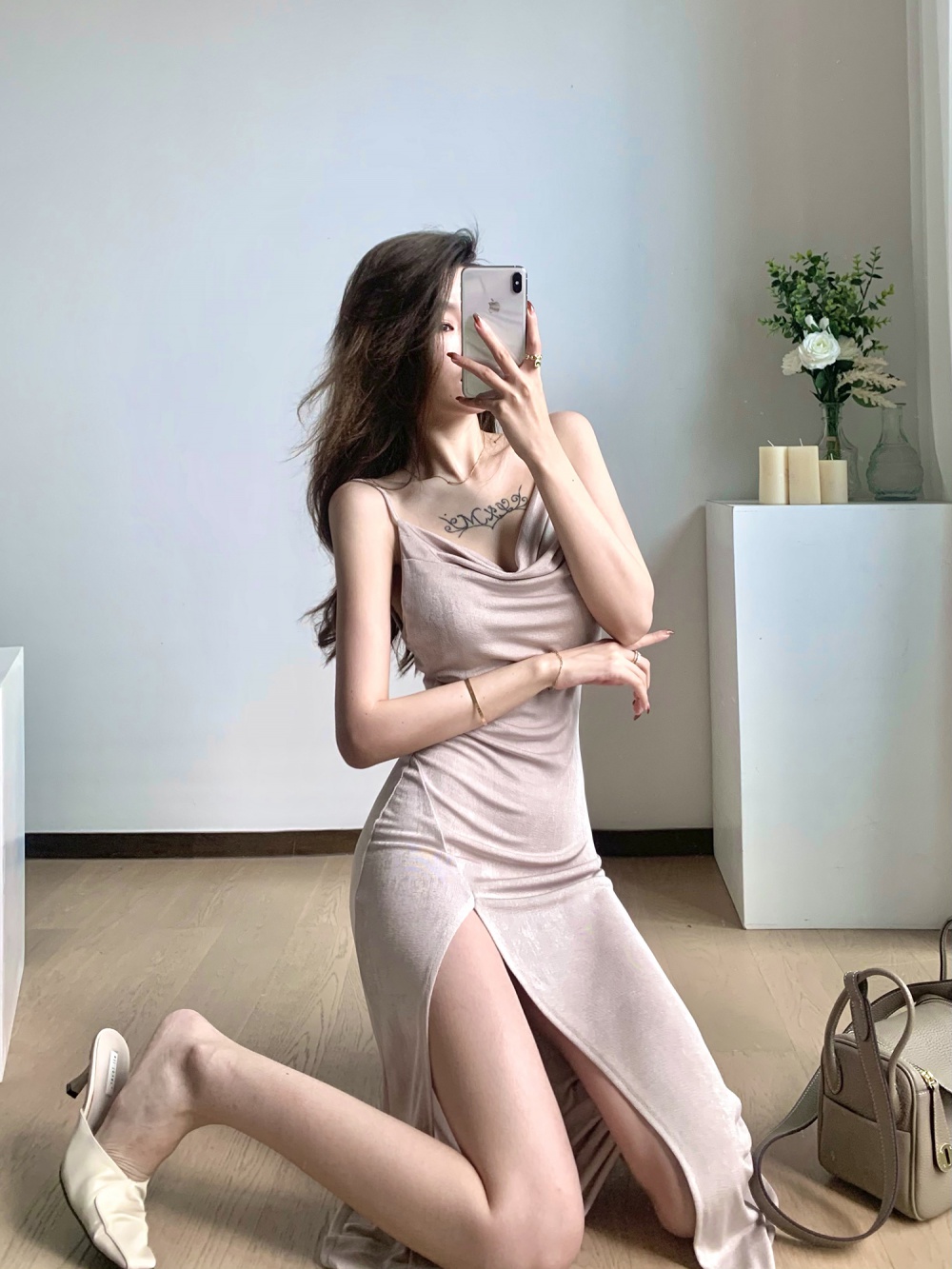 Seaside pure autumn halter split sexy sandy beach light dress